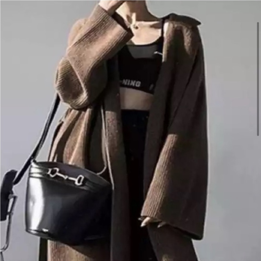 Chunky Over The Knee Rib Brown Cardigan Coat Pockets Belted Maxi Long Duster - Picture 6 of 13